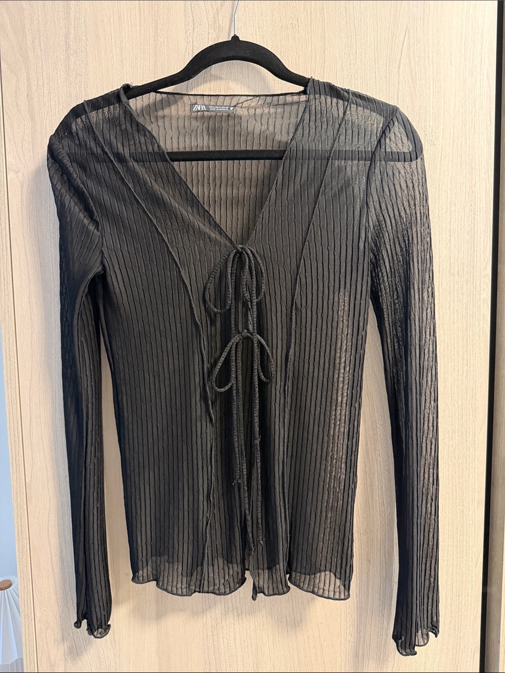 ZARA Black Sheer Ribbed Tie-Front Blouse